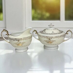 James Japanese China Meito Sugar Bowl Lid Creamer Set Augusta Older Gold‎ Trim